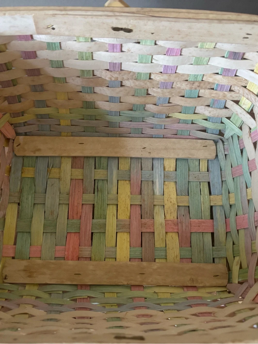 Vintage Pastel Woven Basket W/Handle 11”x9” Cottagecore